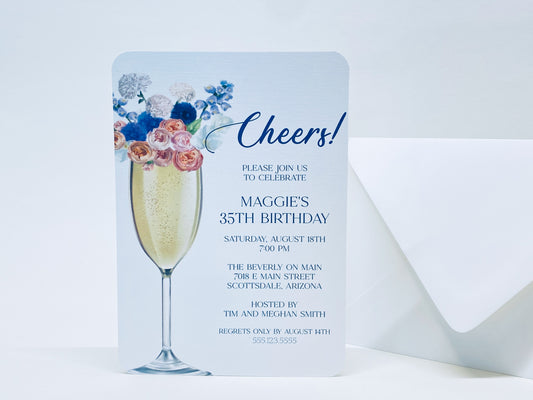 Champagne and Floral Party Invitations, Set of 10 - Gallery360 Designs