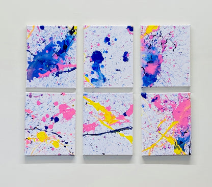 Abstract Drippy Painting, 6 piece set Blue, Pink, Yellow Splatter Painting - Gallery360 Designs